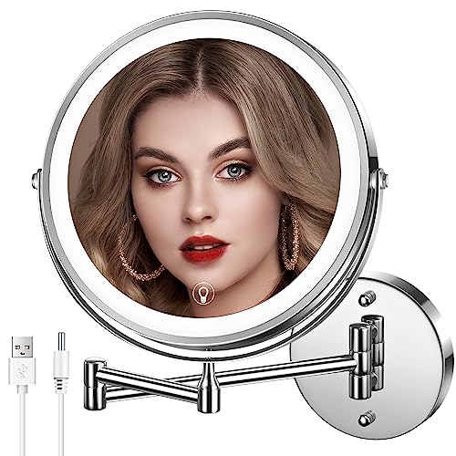 MNIENT Wall Mounted Lighted Makeup Mirror, 8' Rechargeable Double-Sided Magnifying Mirror 1x/10x, 3 Colors Led Vanity Mirror with Lights, Touch Dimmable 360° Rotation Foldable Light up Mirror