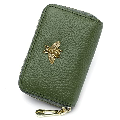 imeetu RFID Credit Card Holder, Small Leather Zipper Card Case Wallet for Women(Olive Green)