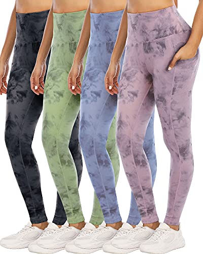 YOUNGCHARM 4 Pack Leggings with Pockets for Women,High Waist Tummy Control Workout Yoga Pants ZRBlackGreenPinkBlue-M