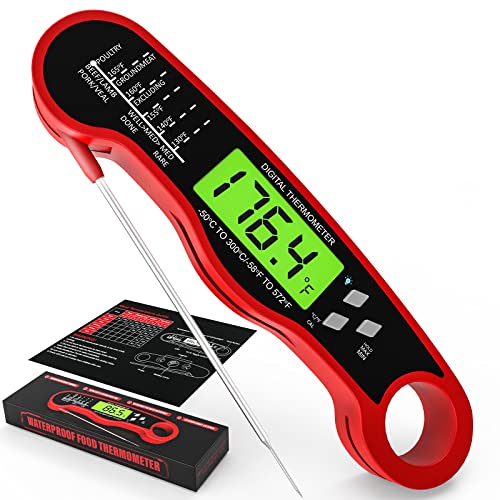 AWLKIM Meat Thermometer Digital - Fast Instant Read Food Thermometer for Cooking, Candy Making, Outside Grill, Waterproof Kitchen Thermometer with Backlight & Hold Function - Red