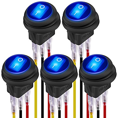 DaierTek 12V Waterproof Round Rocker Switch Blue LED Lighted [UL Listed] ON Off 3 Pin 12 Volt 20A Weatherproof Illuminated Toggle for Marine Car RV Truck -5Pack