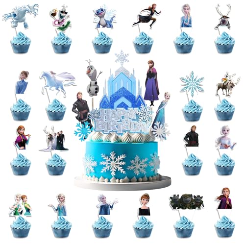 28pcs Frozenzz Cake Topper Cupcake Toppers Set, Cake Decorations, Ice Theme Birthday Party Topper for Children