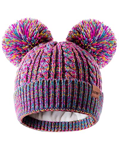 Double Pom Beanie, Warm Fleece Lined Knit Winter Cap for Kids - Rainbow
