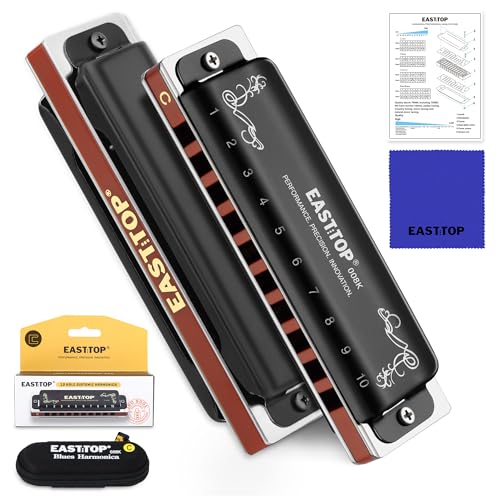 East top Harmonica C, Updated Diatonic Blues Deluxe Harmonica C Key 10 Holes 20 Tones Professional Blues Harp Diatonic Mouth Organ, harmonica for Adults, Professionals, Beginners and Students as gift