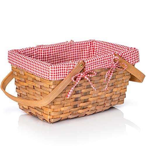 Big Mo's Toys Picnic Basket - Woven Natural Woodchip Wicker Basket with Double Handles and Red and White Gingham Blanket Lining