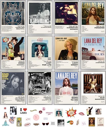 Unique America 12 Pcs|Posters, Album Cover Posters, Lana Del Ray,Music Posters, Album Covers For Wall Decor,Lana Del Rey Posters 12x16” Total 12 Lana Del Rey Poster & 25 Stickers White Design Unframed