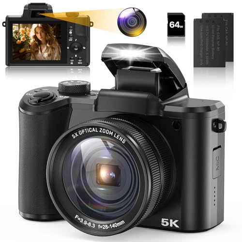 5K Digital Camera for Photography and Video Autofocus 5X Optical Zoom 64MP Vlogging Camera for YouTube 6-Axis Stabilization Compact Travel Dual Cameras with 64G SD Card for Boys/Girls/Beginners