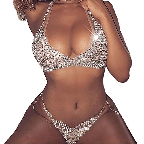 Women Sexy Rhinestone Bra Panties Sets Statement Crystal Bikini Underwear Thong Body Chain Jewelry Top Bra Brief Sequin Crop Top for Nightclub Party(Bra and Thong Set)