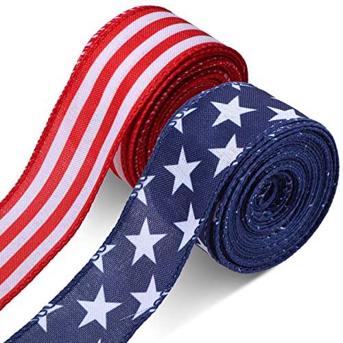 2 Rolls 20 Yard Red White and Blue Ribbon Patriotic Star and Striped Wired Ribbon Royal Blue USA Ribbon DIY Crafts for 4th of July, Independence Day, Memorial Day (Red, Beige, White, Blue, 1.5 Inch)