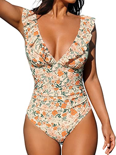 CUPSHE One Piece Swimsuit for Women Deep V Neck Ruffle Tummy Control Back Tie Floral Print Bathing Suits