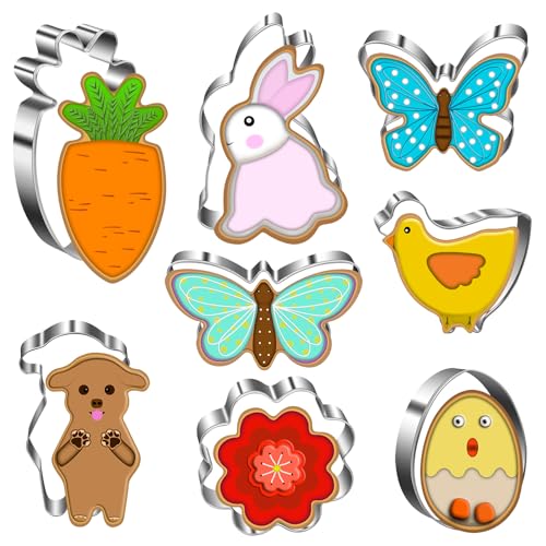 Easter Cookie Cutter Set - Bunny, Egg, Butterfly, Flower, Chick, Carrot, Dog - 8PCS Easter Cookie Cutters - Easter Cookie Cutters Shapes for Spring Holiday Baking, Mini Easter Cookie Cutters for Party