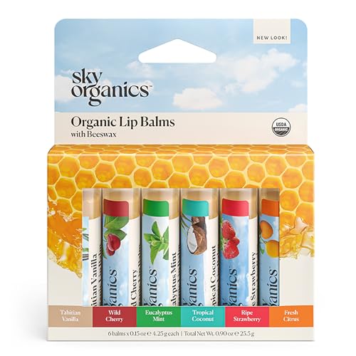 Sky Organics Organic Lip Balm with Beeswax and a Rich Nourishing Blend of Plant Oils, Moisturizing Lips Balms to Lock In Moisture and Keep Lips Feeling Soft and Smooth, Six Assorted Flavors, 6pk.