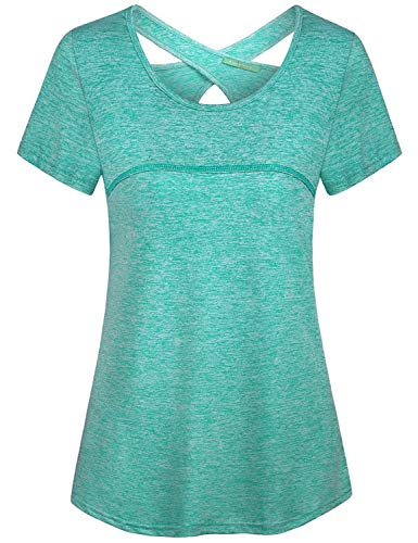 Kimmery Gym Shirts for Women, Short Sleeve Cool Open Back Tops Silky Fast Dry Summer Athleisure Wear Breathable Lightweight Running Working Out Yoga Soft Tunics Green Medium