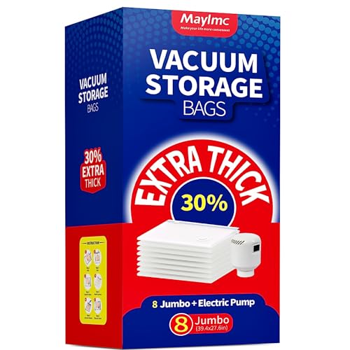 Maylmc 8 Pack Upgraded HEAVY DUTY Jumbo Vacuum Storage Bags with Electric Pump, Space Saver Vacuum Storage Bags for Clothes Storage, Vacuum Sealed Bags for Clothing Storage.