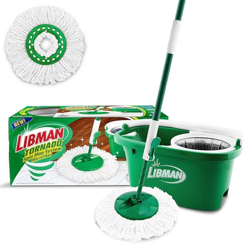 Libman Tornado Spin Mop System - Mop and Bucket with Wringer Set for Floor Cleaning - 2 Total Mop Heads Included, Green