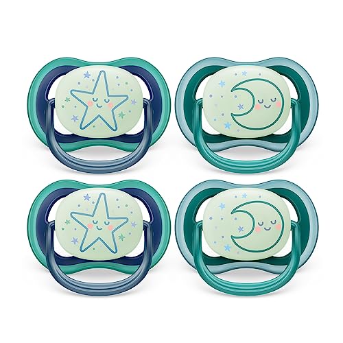 Philips Avent Ultra Air Pacifier - 4 x Light, Breathable Glow-in-The-Dark Baby Pacifiers for Babies Aged 6-18 Months, BPA Free with Sterilizer Carry Case, SCF376/08