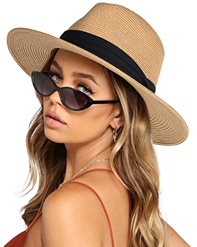 FURTALK Womens Wide Brim Straw Panama Hat Fedora Summer Beach Sun Hat UPF Straw Hat for Women (Dark Khaki, L)