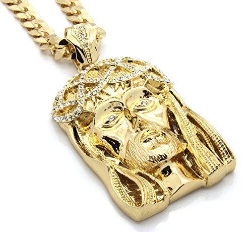 L & L Nation Mens Gold Tone Large Crowned Jesus Pendant with 30' 10mm brass-plated-gold Cuban Chain Necklace