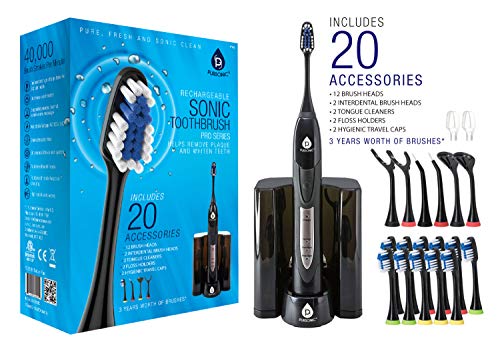 PURSONIC S520 Black Ultra High Powered Sonic Electric Toothbrush with Dock Charger, 12 Brush Heads & More! (Value Pack)