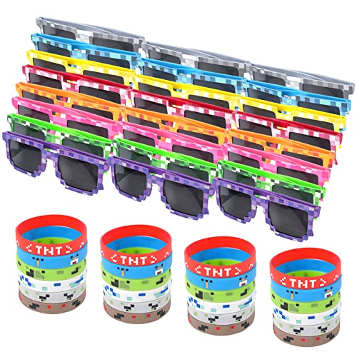 FANNUOYI 48 Pieces Miner Party Set 24 Pixel Gamer Sunglasses Pixelated Glasses and 24 Pixelated Theme Bracelet Miner Wristbands for Kids Adults Pixelated Style Game Player Birthday Party Favors