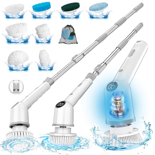 Electric Spin Scrubber: Cordless Shower Scrubber with 8 Replaceable Brush Heads- 3 Adjustable Speeds- Adjustable Extension Handles- Power Cleaning Brush for Bathroom- Floor- Tile