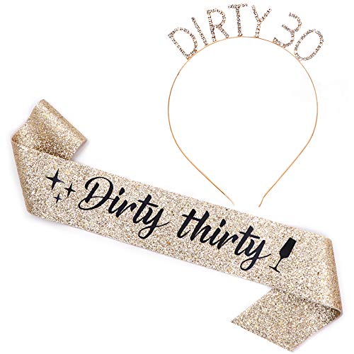 'Dirty Thirty' Sash & Rhinestone Headband Set - 30th Birthday Gifts Birthday Sash for Women Birthday Party Supplies (Gold Glitter/Black)