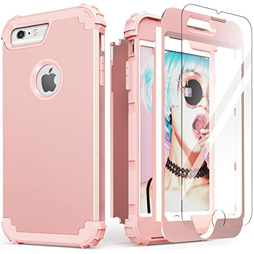 IDweel for iPhone 6S Plus Case with Tempered Glass Screen Protector, for iPhone 6 Plus Case, 3 in 1 Shockproof Slim Hybrid Heavy Duty Hard PC Cover Soft Silicone Bumper Full Body Case,(Rose Gold)