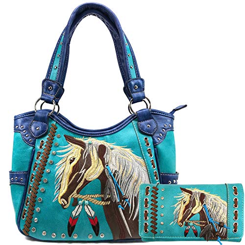 Zelris Dakota Dales Pony Horse Embroidery Mane Western Country Women Tote Purse with Matching Wallet Set (Turquoise)