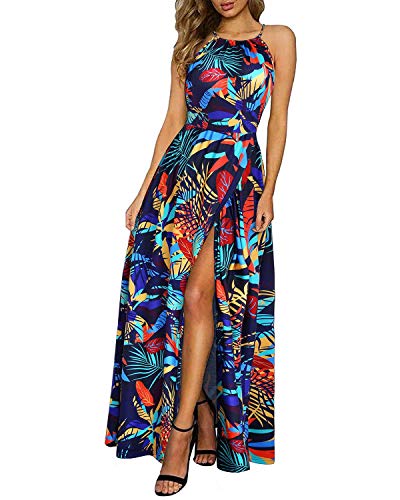 KILIG Women 2024 Summer Maxi Dress Casual Floral Halter Neck Beach Hawaiian Outfits Long Wedding Guest Dress Trendy (Floral-E,X-Large)