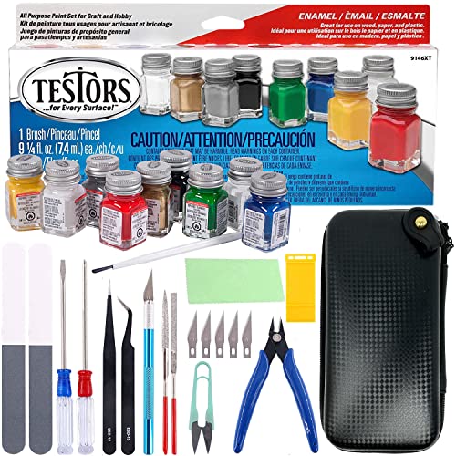 Testors Model Paint and Pixiss Model Accessory Kit - 10 Rich Enamel Paints - Fast Drying - Adheres to Plastic, Paper, Metal - Includes Essential Tools for Gundam, Model Cars, DnD Miniatures