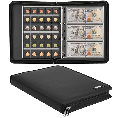 Coin Collection Book Holder for Collectors, 300 Pockets Fireproof Coins Collecting Album & 36 Sleeves Money Storage Case for Coin Currency Collection Supplies, Bill, Pennies, Quarters, Stamp