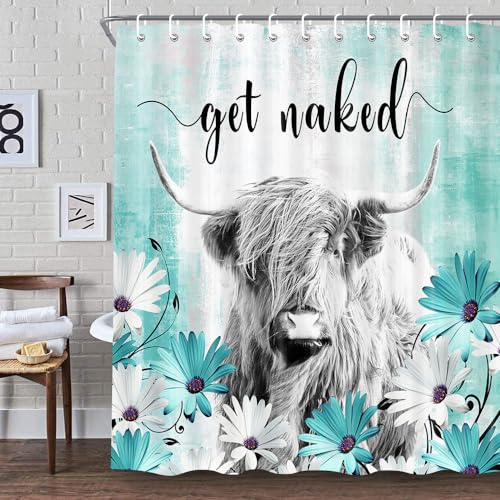 Bcsewcg Farmhouse Cow Shower Curtain, Teal Floral Flower Fabric Shower Curtains for Bathroom, Funny Western Grey Highland Cow with Hooks, Get Naked Bathroom Decor Polyester -72W x72H inch… ﻿ ﻿ ﻿…