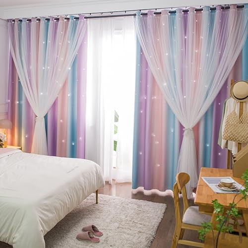 Yancorp Curtains for Girls Bedroom Kids Room Curtain Colorful Window Nursery Curtain 63 inches Length Room Darkening Grommet 2 Layers (Pink Purple, W52 X L63)