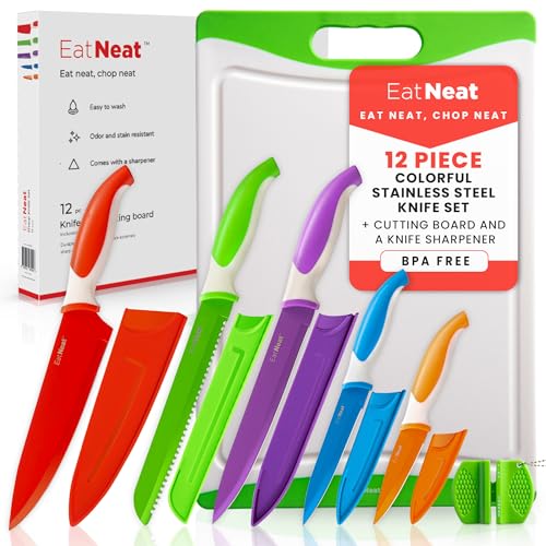 EatNeat 12 Piece Knife and Cutting Board Set: Premium Colorful Non-Stick Stainless Steel Chef Knife with Protective Sheaths & Sharpener - Cooking Gifts Idea - Ergonomic Sharp Knives for Kitchen