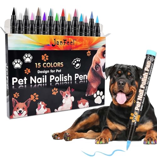 JanFeel Dog Nail Polish Pens, 15 Colors Pet Nail Polish Set Quick Dry Pet Safe Nail Polish Non Toxic Brush Tip Nail Polish Pens for Puppy and Cat or Small Pets