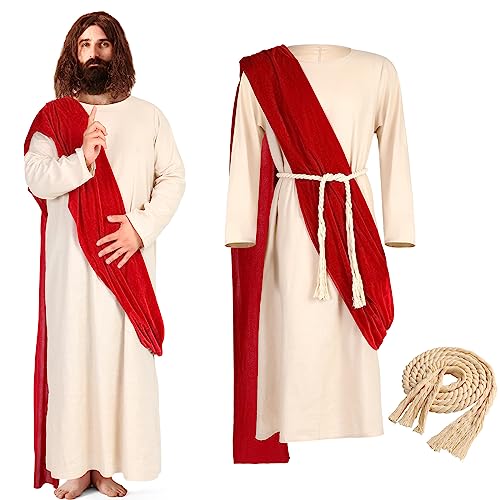 Haull Jesus Costume Adult Men Jesus Robe Religious Christ Costume Includes Scarf Waist Rope for Halloween(White, Red, X-Large)