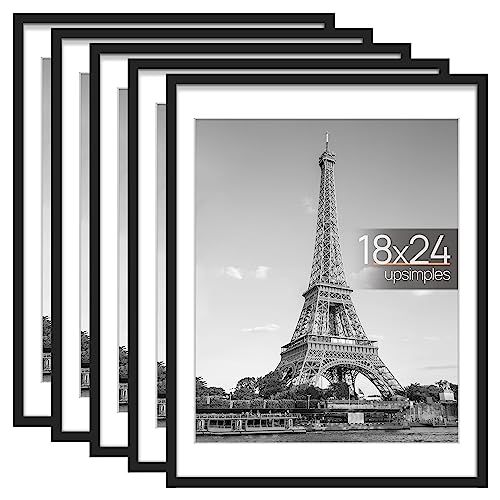 upsimples 18x24 Picture Frame Set of 5, Display Pictures 16x20 with Mat or 18x24 Without Mat, Wall Gallery Photo Frames, Black