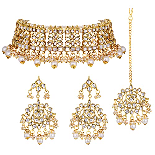 Aheli Elegant Indian Faux Kundan Studded Choker Necklace with Maang Tikka Earrings Set Ethnic Wedding Festive Wear Fashion Jewelry Gift For Women & Girls