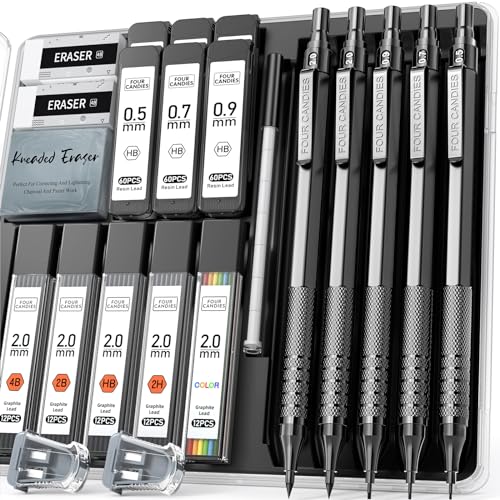 Four Candies Metal Mechanical Pencil Set, 3PCS Art Drafting Pencils 0.5, 0.7, 0.9MM & 2PCS 2MM Mechanical Drawing Pencils with 420PCS Leads (4B 2B HB 2H Color) for Writing Sketching Drawing (Black)