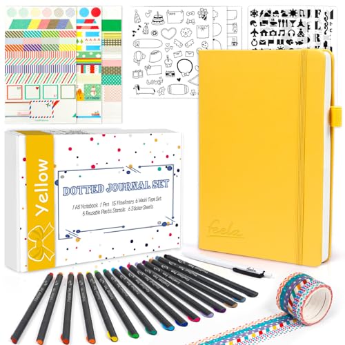 feela Dotted Journal Kit, Dot Grid Journal Hardcover Planner Notebook Set For Beginners Women Girls Note Taking with Journaling Supplies Stencils Stickers Pens Accessories, A5, 224 Pages, Yellow