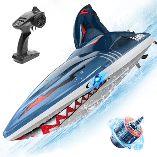 DEERC Fast Brushless RC Shark Boat for Adults, 30+MPH 3S High Speed Remote Control Boat, Self-righting 2.4Ghz Speed Boat with LED Lights, Summer Toy Gift for Kids…