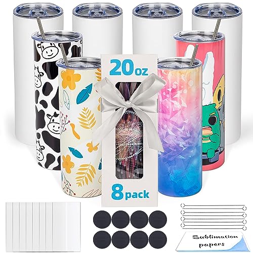 UIRZOTN 8 Pack 20 OZ Sublimation Tumbler Blanks Skinny Straight in Bulk, Stainless Steel Insulated Sublimation Tumbler with Polymer Coating for Heat Transfer, With Lid, Straw, ribbon, Gift Box