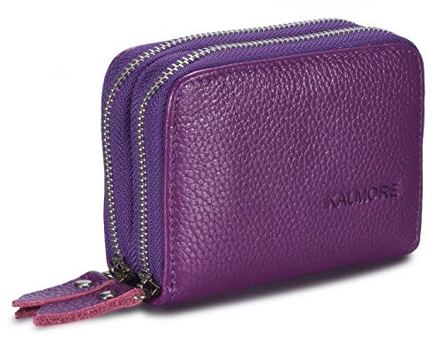 KALMORE Women's Leather RFID Secured Spacious Cute Card Wallet Small Purse, Purple, Two Zippers