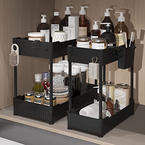 Sevenblue 2 Pack Under Sink Organizer, Under Bathroom Cabinet Organizer with Hooks Hanging Cup, Multi-Purpose Storage Shelf for Kitchen Bathroom, Black