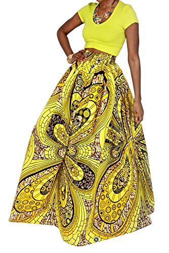 Women African Summer Print Pleated High Waist Maxi Skirt Casual A Line Skirt(Yellow Geometric 4), L