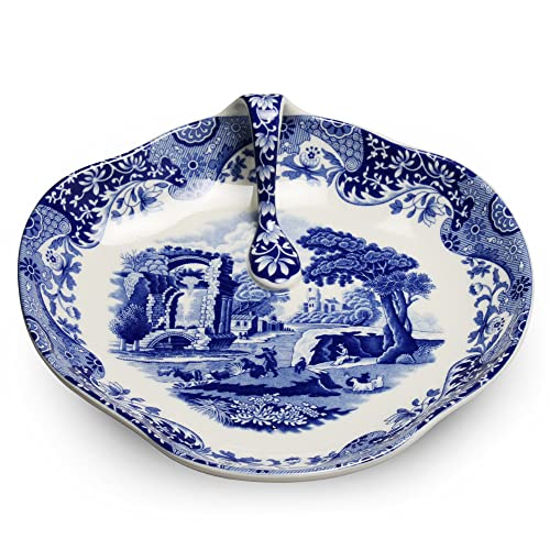 Spode Blue Italian Handled Serving Platter | Serving Tray for Side Dishes, Salads, and Pasta | Porcelain | Measures 8-Inches | Dishwasher Safe (Blue/White)