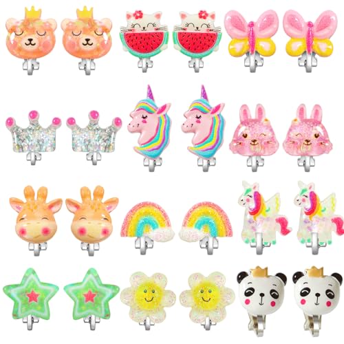 PinkSheep Bling Clip On Earrings for Little Girls, Unicorn Earrings Cake Earrings Ladybug Earrings for Kids, 12 Pairs, Best Gift