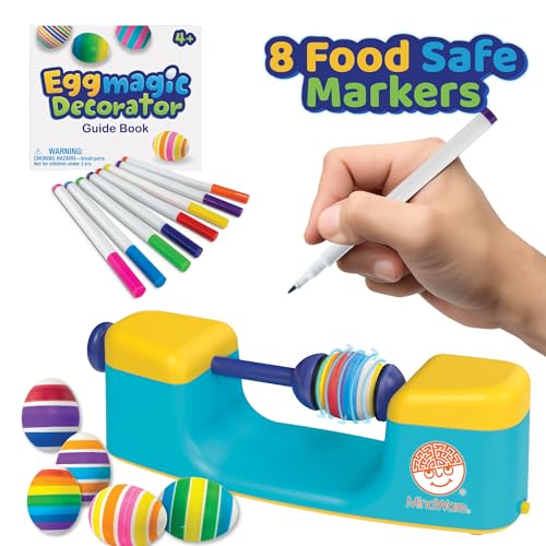 MindWare Eggmagic Decorator Dynamic Easter Egg Coloring Kit with Automatic 360 Egg Spinner and Vibrant Non-Toxic Marker Set (8 ct) for Creative Family Fun Decorating Activity