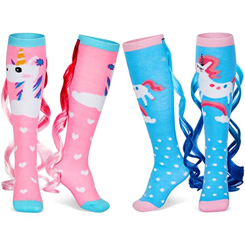Unicorn Socks for Woman with Colorful Tail 2 Pairs Cute Animal Crazy Novelty Unicorn Tail Socks High Unicorn Socks Long Socks (Pink, Sky Blue Style)