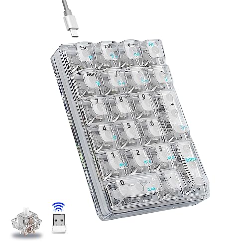 AULA 21 Key Tri-Mode Number Pad, Transparent Numpad Wireless, Bluetooth Number Pad, Hot Swappable Mechanical Numpad, Number Pad Keyboard with Transparent Keycaps, 18 Backlight Numeric Keypad (White)